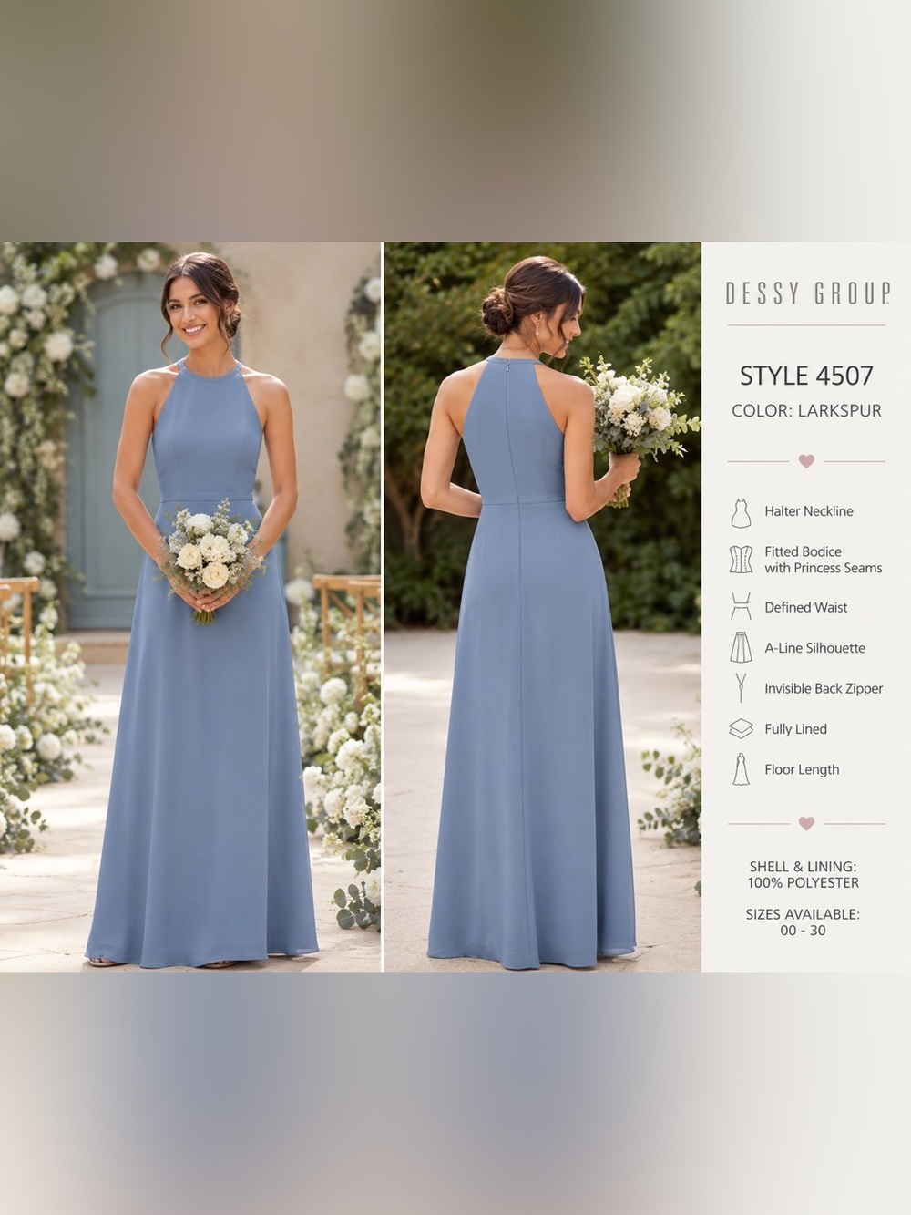 Dessy Group Style 4507 Bridesmaid Formal Halter Maxi Gown Size 4 Larkspur Blue